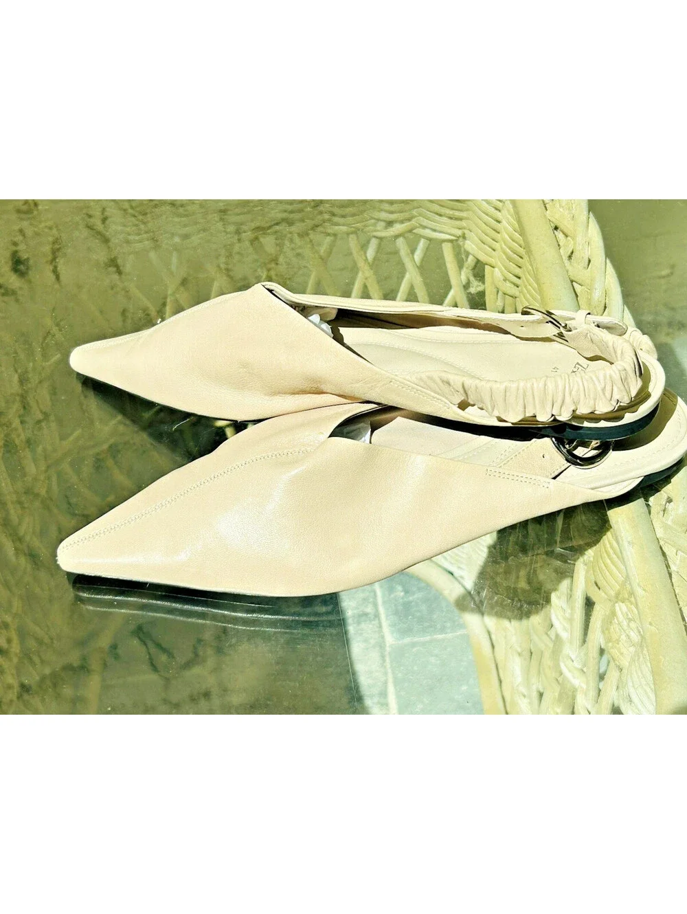 NEW ZARA Pointed Ballet Sling Back Flats Kitten Heel Taupe Leather US 10 EU 41